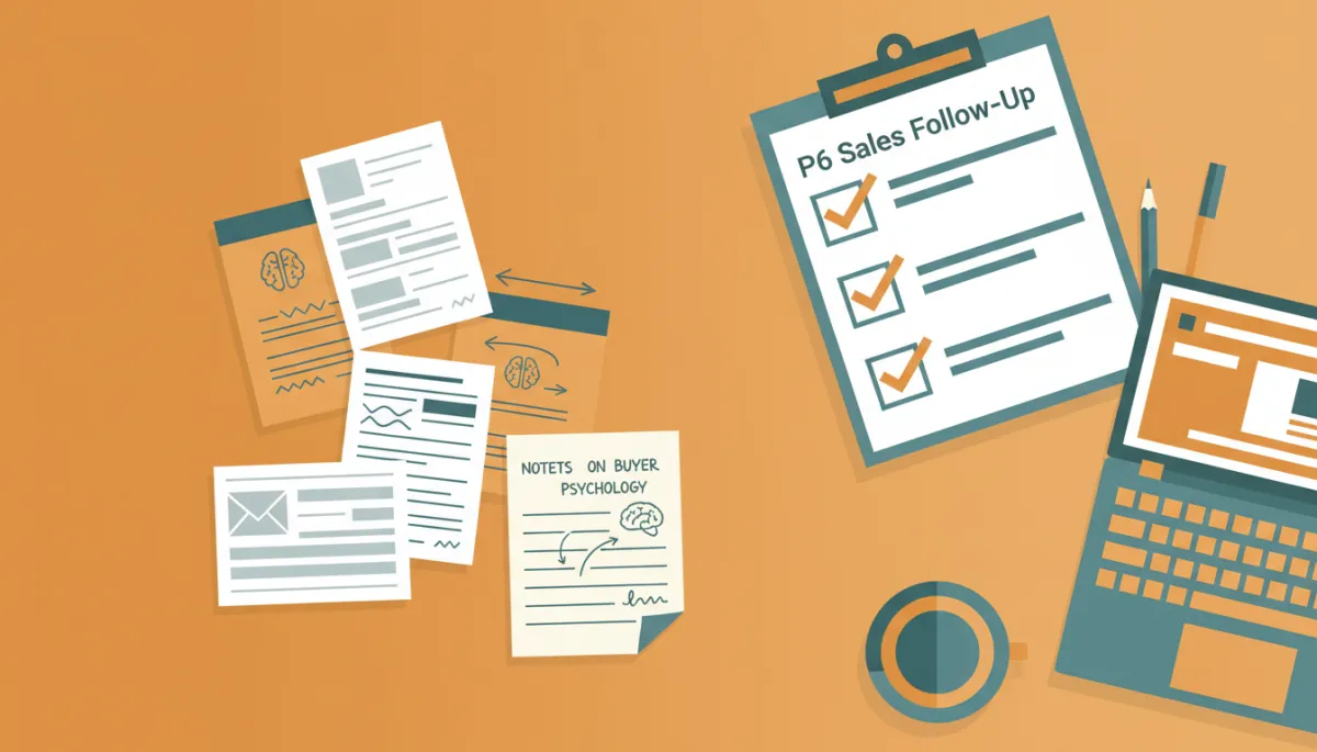 Founder’s desk with printed follow-up plans and buyer psychology notes