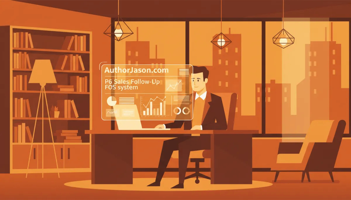 Founder reviewing a structured P6 Sales Follow-Up dashboard in an amber-lit office