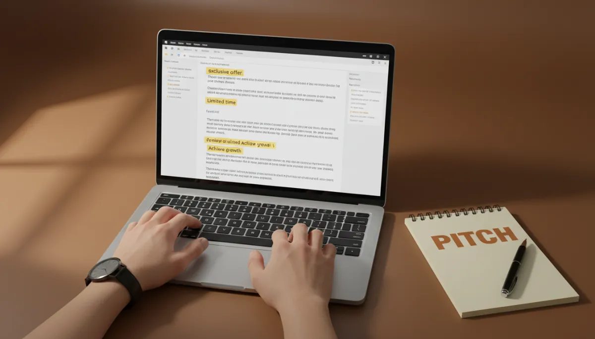 Laptop screen with a drafted P.I.T.C.H.-based sales email and notes