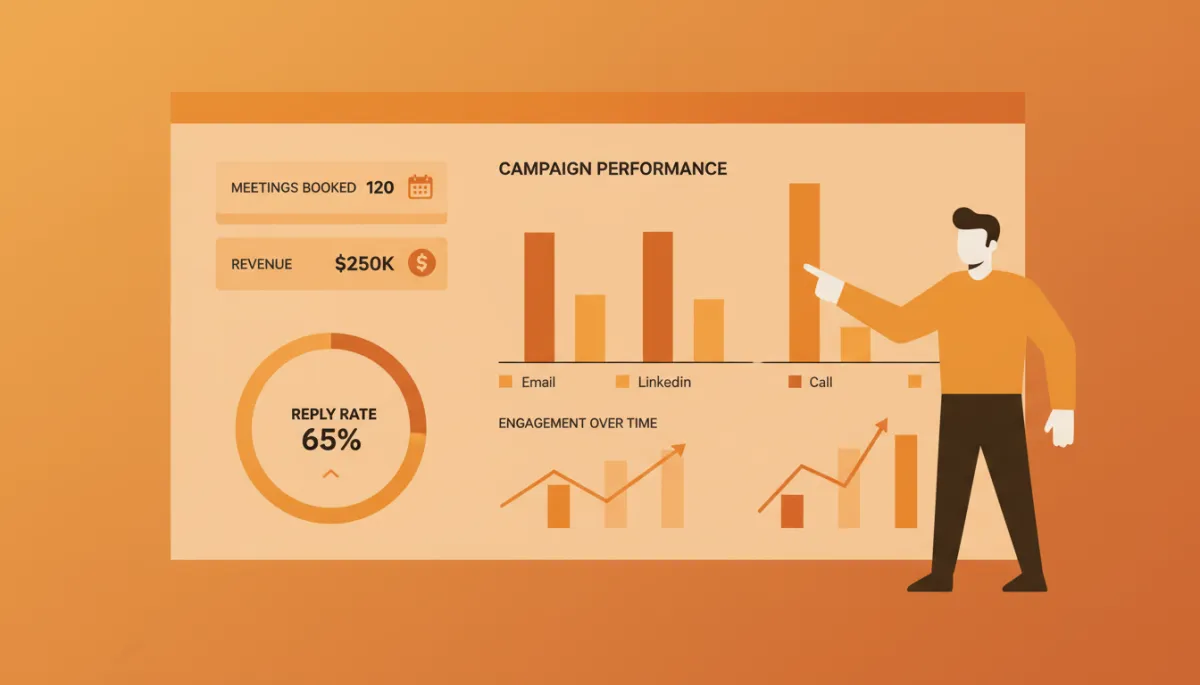 Sales email sequence performance dashboard with reply and revenue metrics