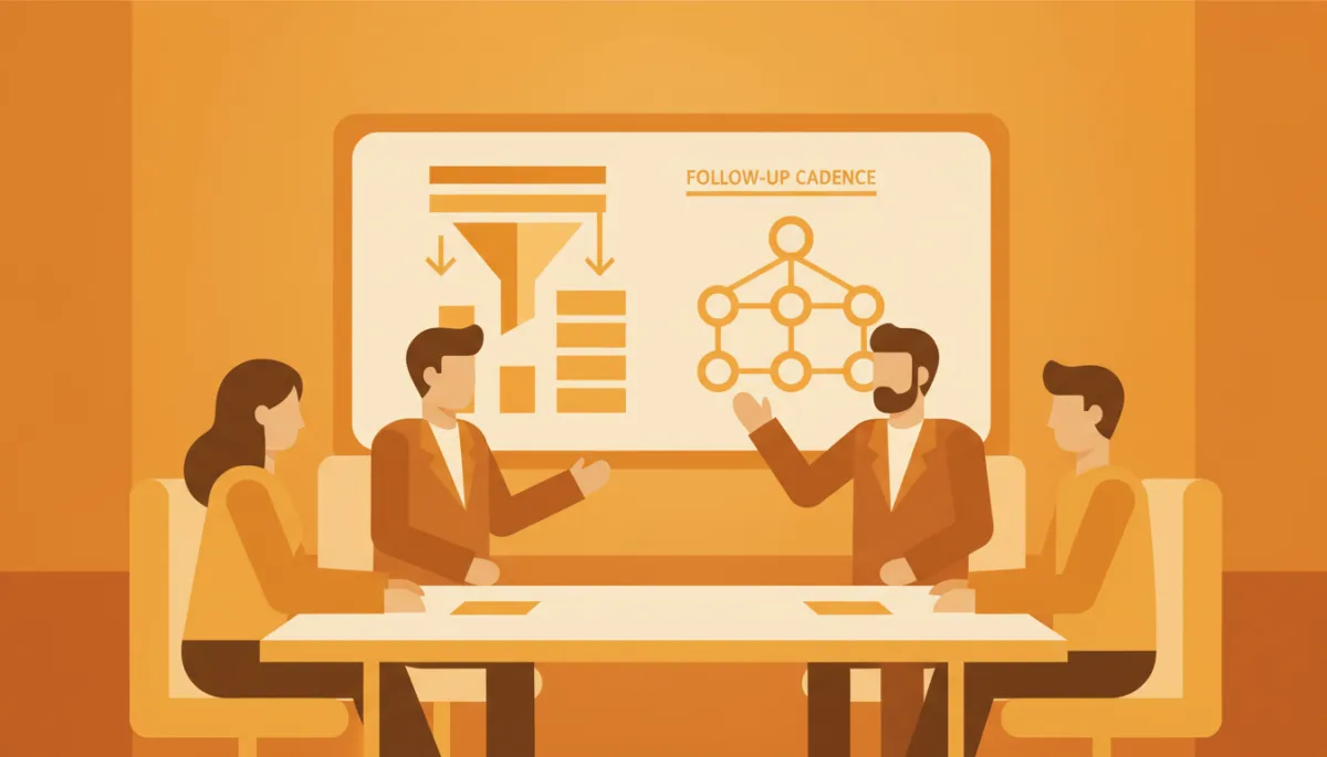 Founder and sales team reviewing a structured follow-up funnel on a screen