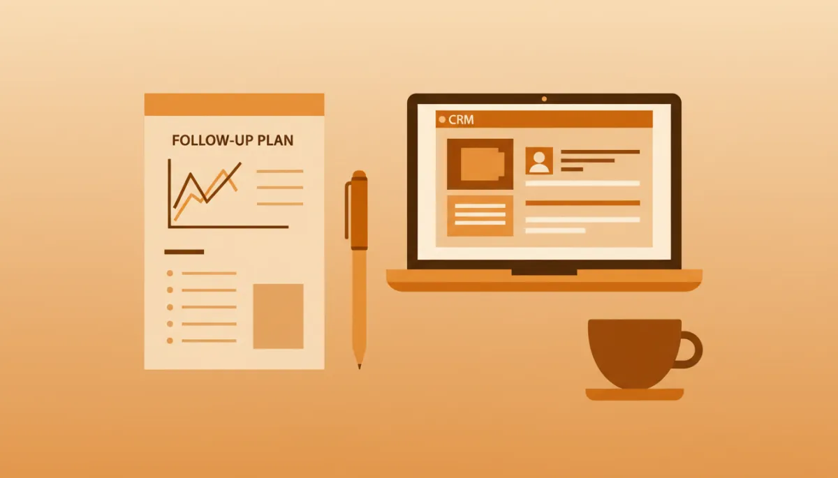 Organised founder workspace with a written follow-up plan and CRM open on a laptop