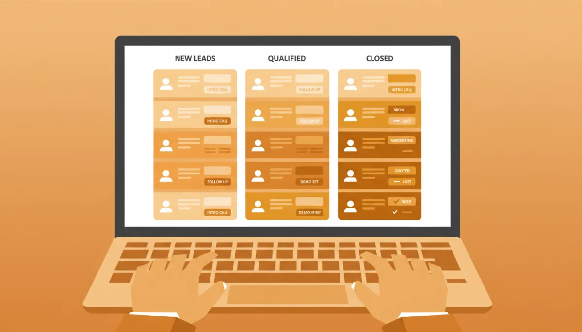Structured CRM pipeline with clear follow-up dates on a founder’s laptop