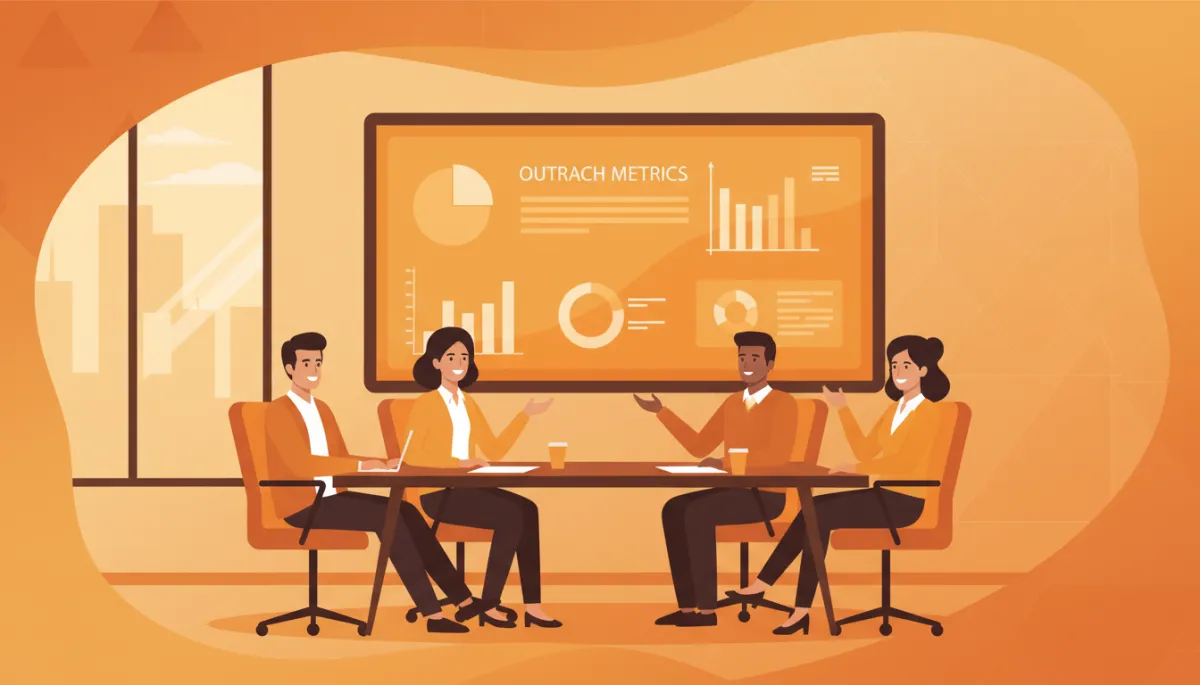 Founder team reviewing outreach metrics together in a conference room