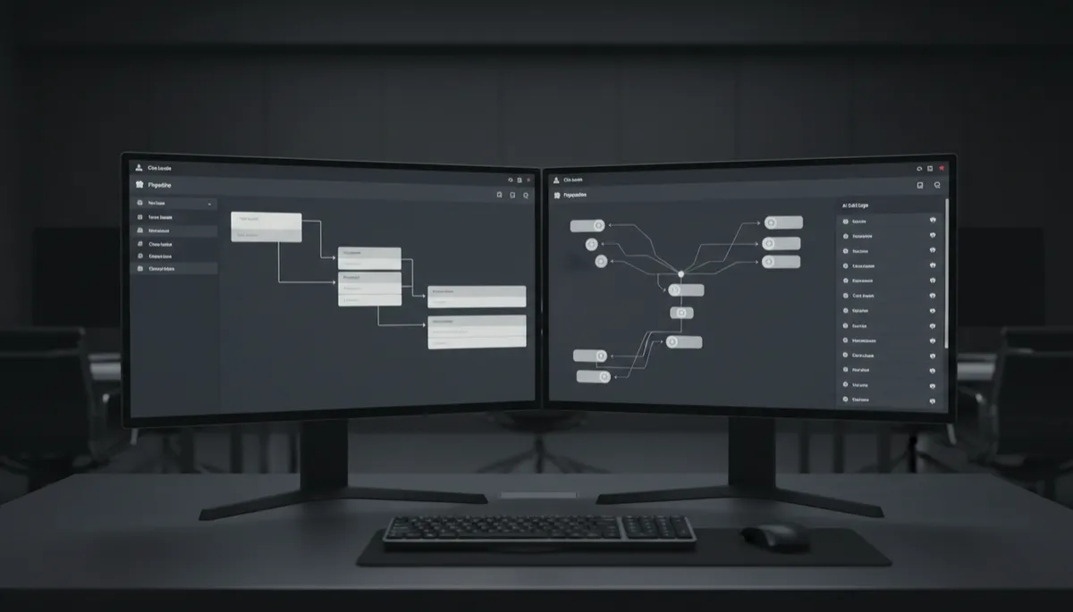 HighLevel-style CRM pipelines and automation workflows on dual monitors HighLevel-style CRM pipelines and automation workflows on dual monitors