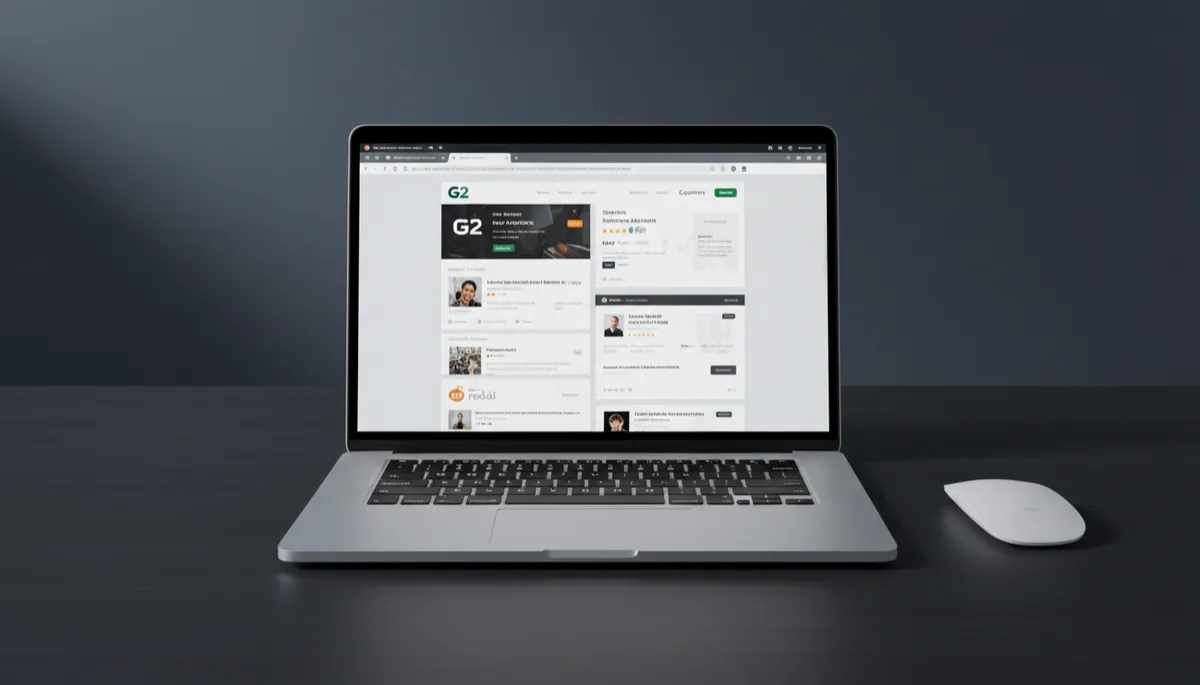 Laptop displaying user review sites for HighLevel Laptop displaying user review sites for HighLevel