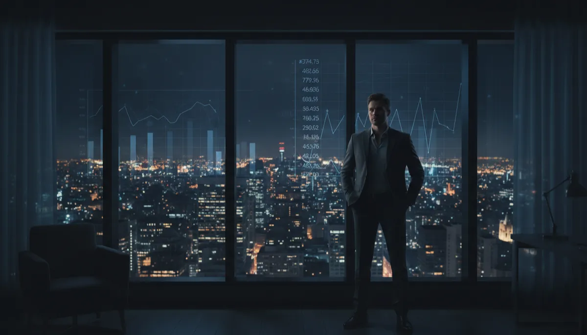 Founder reflecting on revenue growth while overlooking a city at night