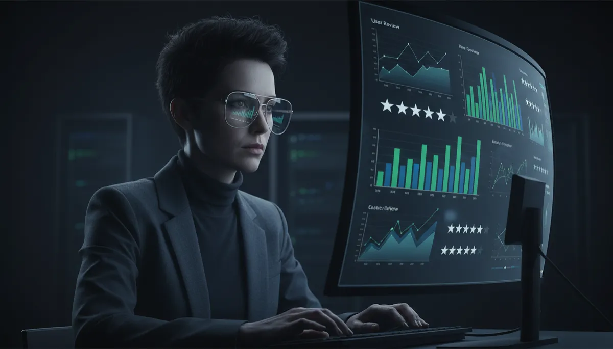 Founder reviewing software ratings and charts on a large screen