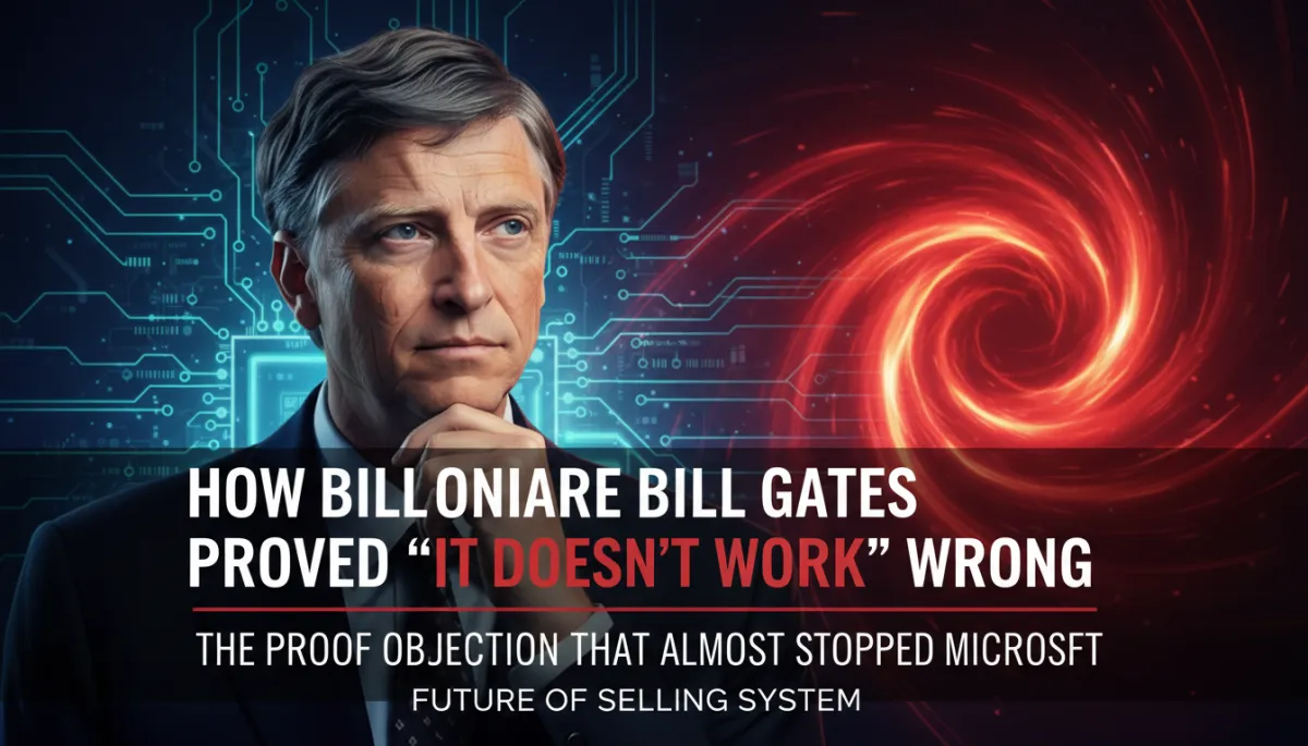 Bill Gates speaking on stage with quote overlay