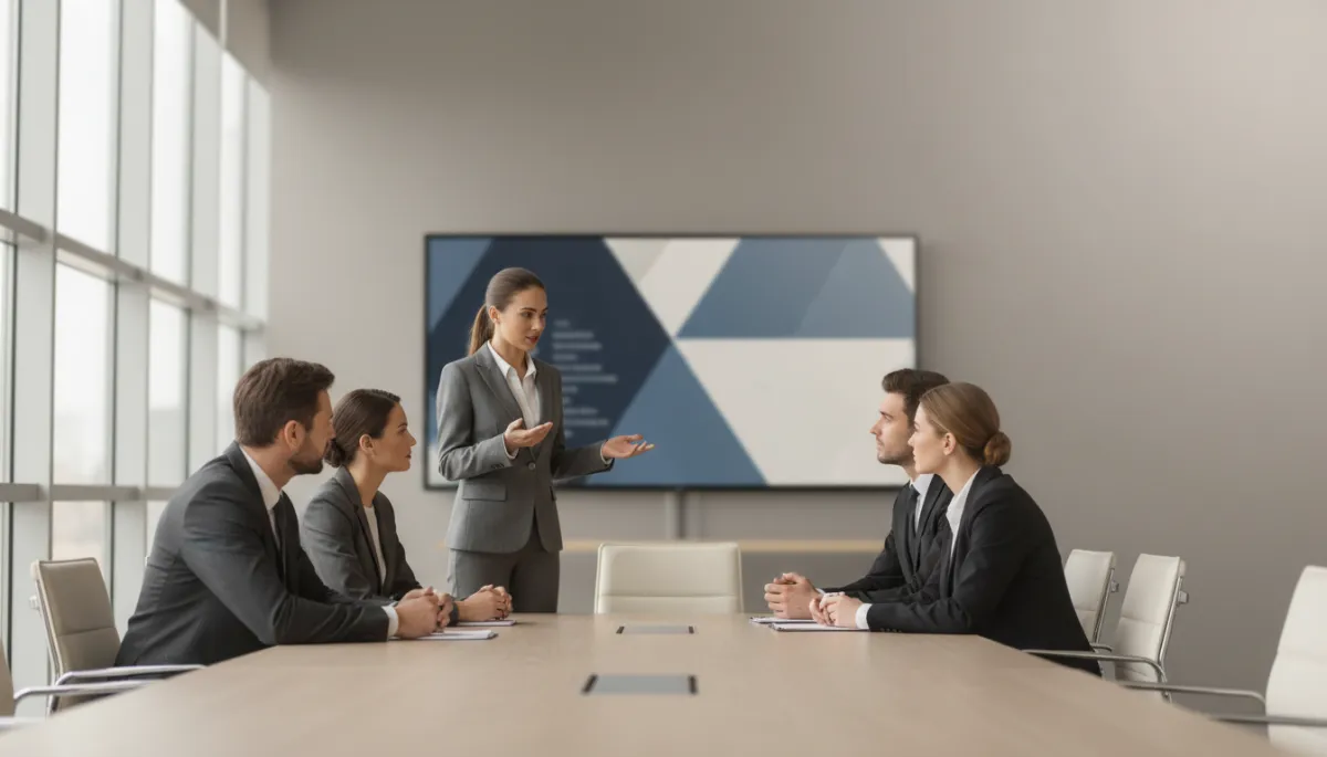 photorealistic neutral-toned scene of a young founder confidently pitching to a small group of serious investors in a modern conference room, natural light, subtle depth of field, overlay text area in negative space