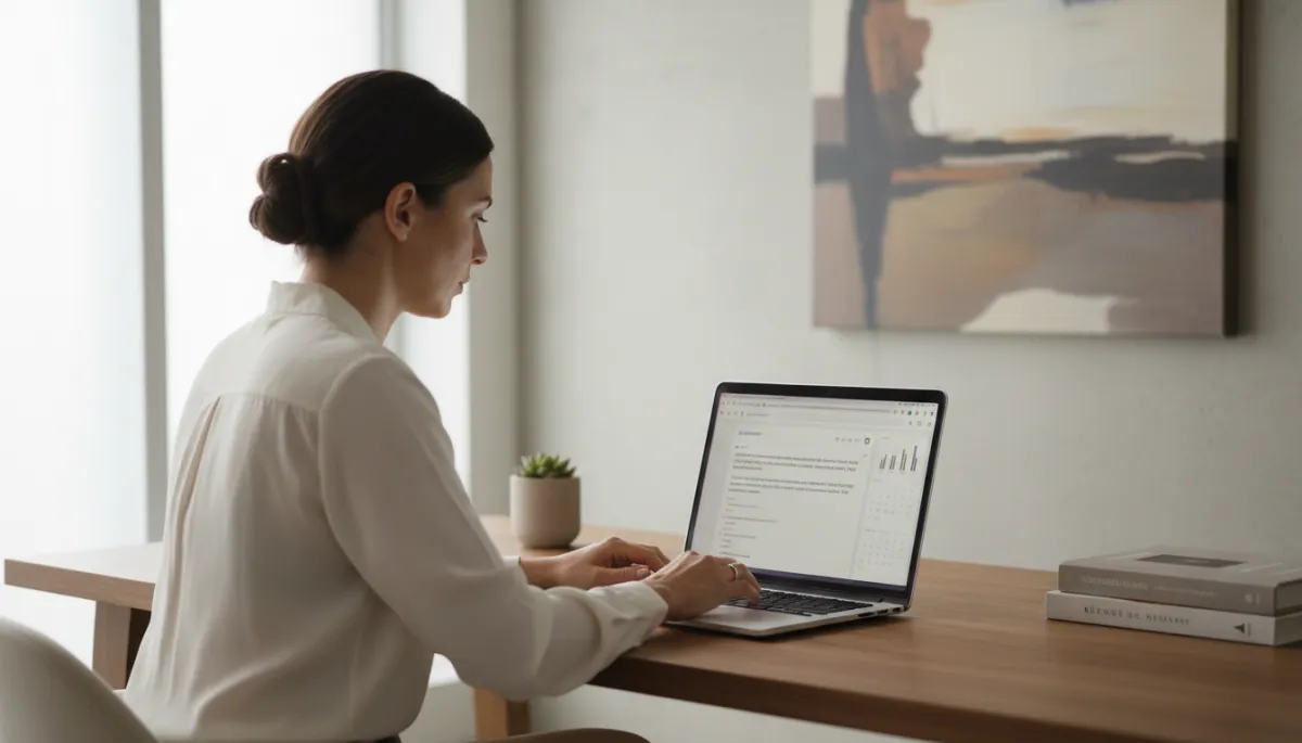 photorealistic neutral-toned scene of a focused founder at a laptop crafting follow-up emails, soft natural light, minimalist office, subtle charts and calendar on screen