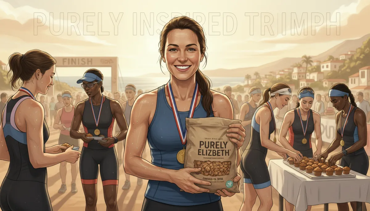 hyperrealistic editorial portrait illustration of Elizabeth Stein at a triathlon finish line holding a bag of granola, athletes in the background sampling muffins, warm neutral light, subtle text overlay on sky area