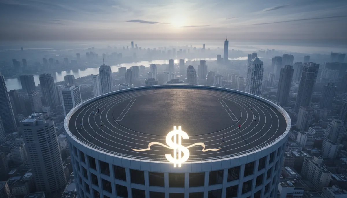 photorealistic editorial, magazine-quality aerial view of a city skyline at dawn with tiny figures running on a rooftop track, one runner breaking through a glowing finish line ribbon shaped like a dollar sign, cool neutral color palette
