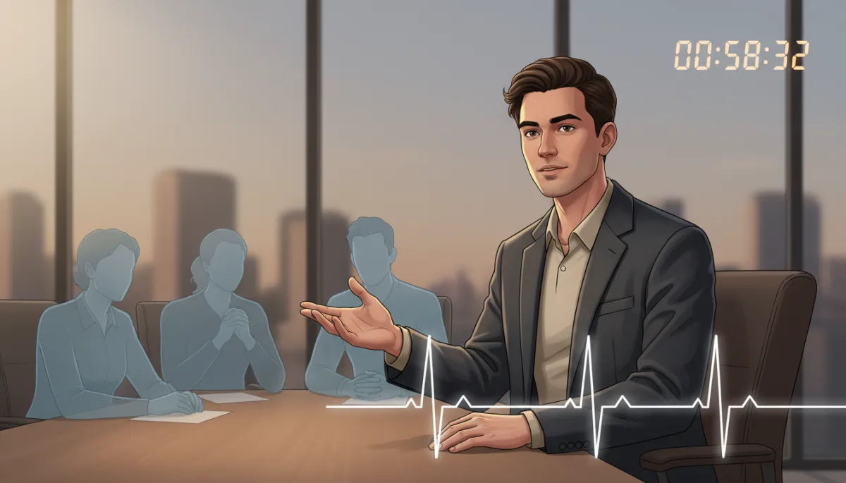 hyperrealistic portrait illustration, editorial magazine style, young founder in neutral-toned boardroom mid-pitch, ghostly silhouettes of investors listening, subtle overlay of heartbeat line and countdown timer, calm but intense mood