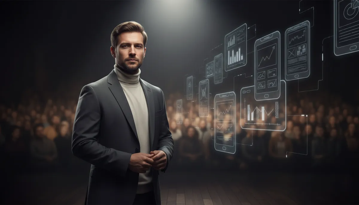 hyperrealistic portrait illustration, editorial magazine style, neutral color palette; a focused tech founder standing on a dimly lit stage with a single spotlight, audience in soft blur, subtle UI sketches floating behind them like story panels