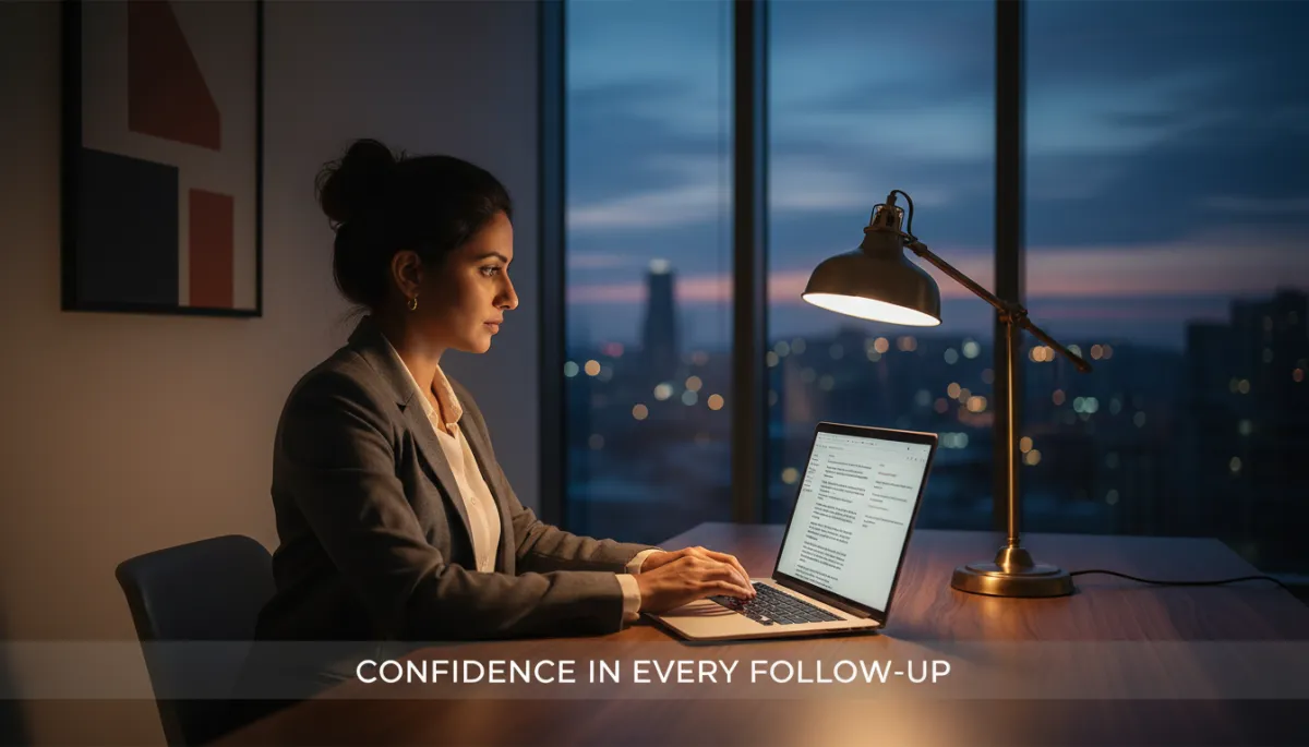 Professional scene of a startup founder alone in a quiet office at night, laptop open with email drafts on the screen, warm #92400e accents in the desk lamp and wall art, city skyline outside the window, with light text over the image about confidence in follow-up