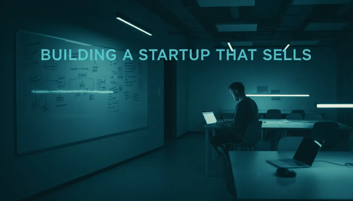 professional wide shot of a founder in a simple modern coworking space at night, laptop open with sales notes on screen, whiteboard full of customer conversations and revenue targets, soft lighting in #1e4976 accents, subtle overlay text about building a startup that sells