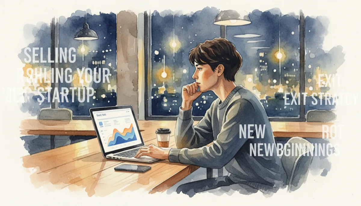 professional scene of a thoughtful startup founder in a modern coworking space at night, laptop open with sales dashboard, city lights outside, calm blue #1e4976 accents, subtle overlay text about selling your startup