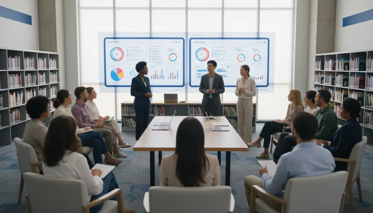professional wide shot of a diverse edutech founder team presenting their learning platform to a group of teachers and parents in a modern school library, soft lighting, screens showing student progress dashboards, subtle #1e3a5f accent colors