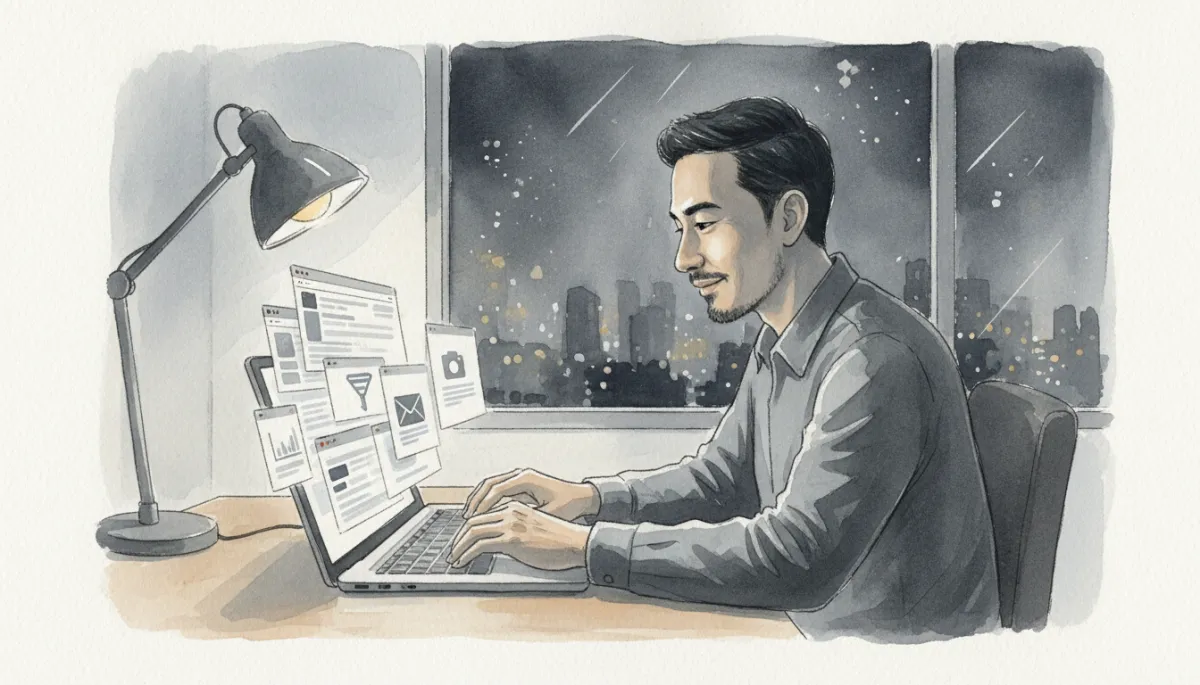 professional scene of a tired but determined startup founder at a laptop in a small Singapore co-working space at night, multiple sales tools open on screen, then calmly closing tabs until only a simple CRM, email, and video tool remain, cool grey palette with accent color #374151
