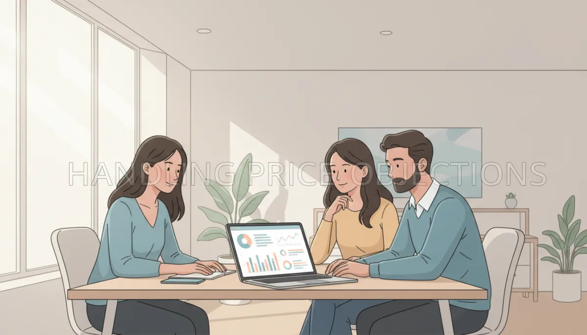 professional neutral-toned photo of a startup founder team in a modern office, reviewing a sales dashboard on a laptop, soft daylight, calm focused expressions, subtle overlay text about handling price objections