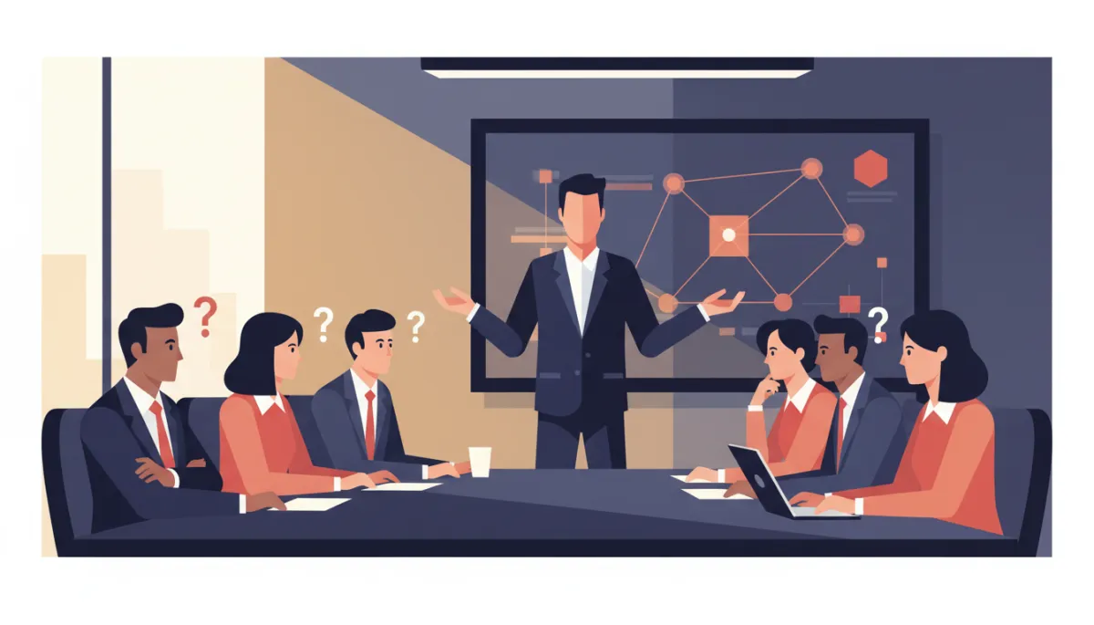professional wide shot of a startup founder presenting a bold new product to a skeptical boardroom, warm lighting, subtle #991b1b accents on slides, confident body language, serious but hopeful mood