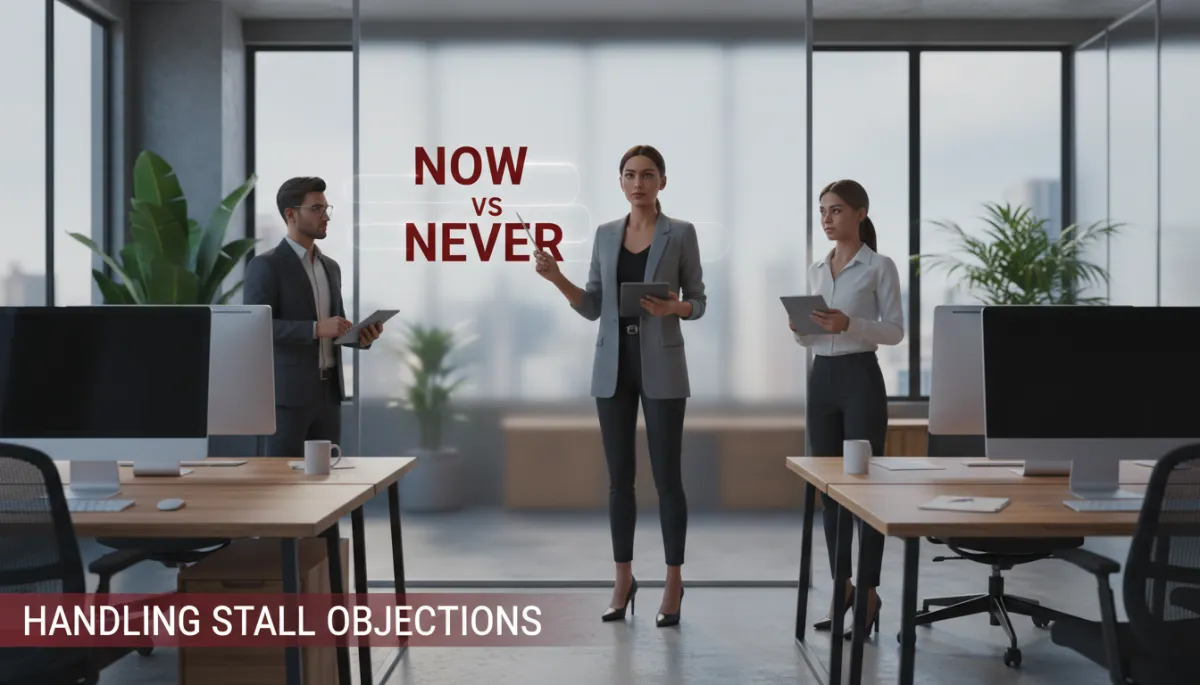 professional wide shot of a startup founder team in a modern office, leader at whiteboard highlighting the words Now vs Never in deep red #991b1b, soft natural light, confident but calm mood, subtle overlay text about handling stall objections
