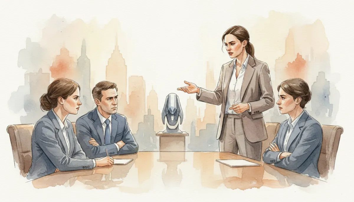professional neutral-tone photo of a determined founder presenting a new product to skeptical buyers in a modern boardroom, soft natural light, subtle city skyline in background