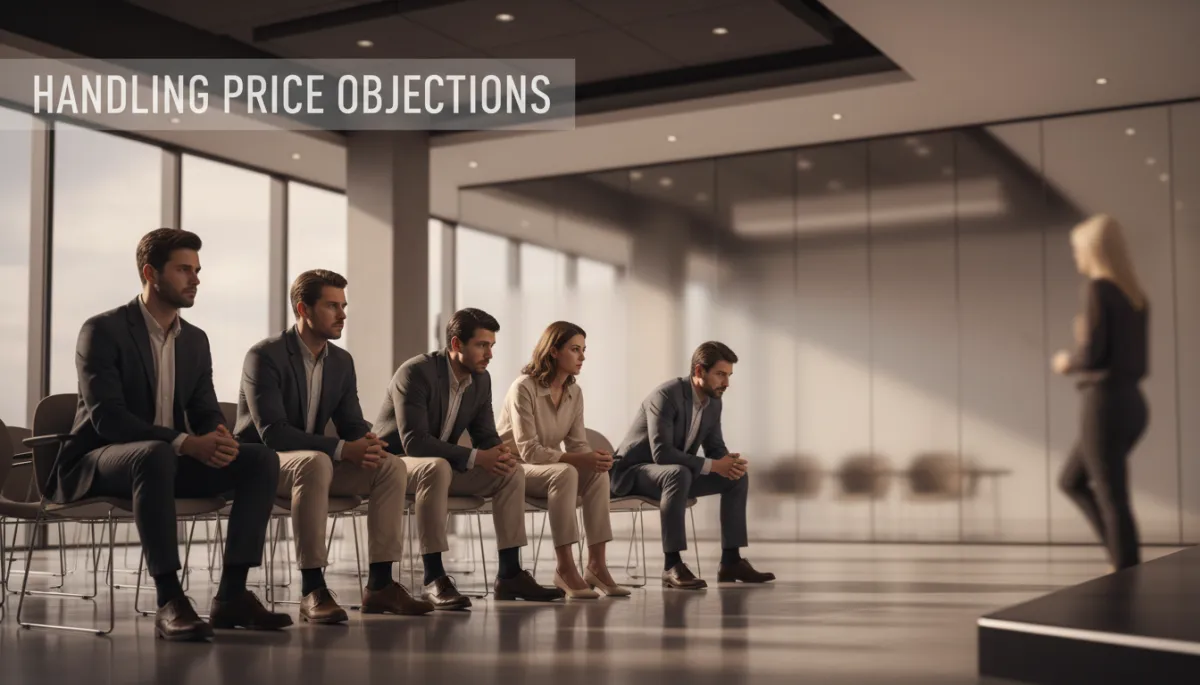 professional neutral-toned photo of a startup founder team in a modern office listening intently to a speaker on stage, subtle overlay text about handling price objections, soft natural lighting