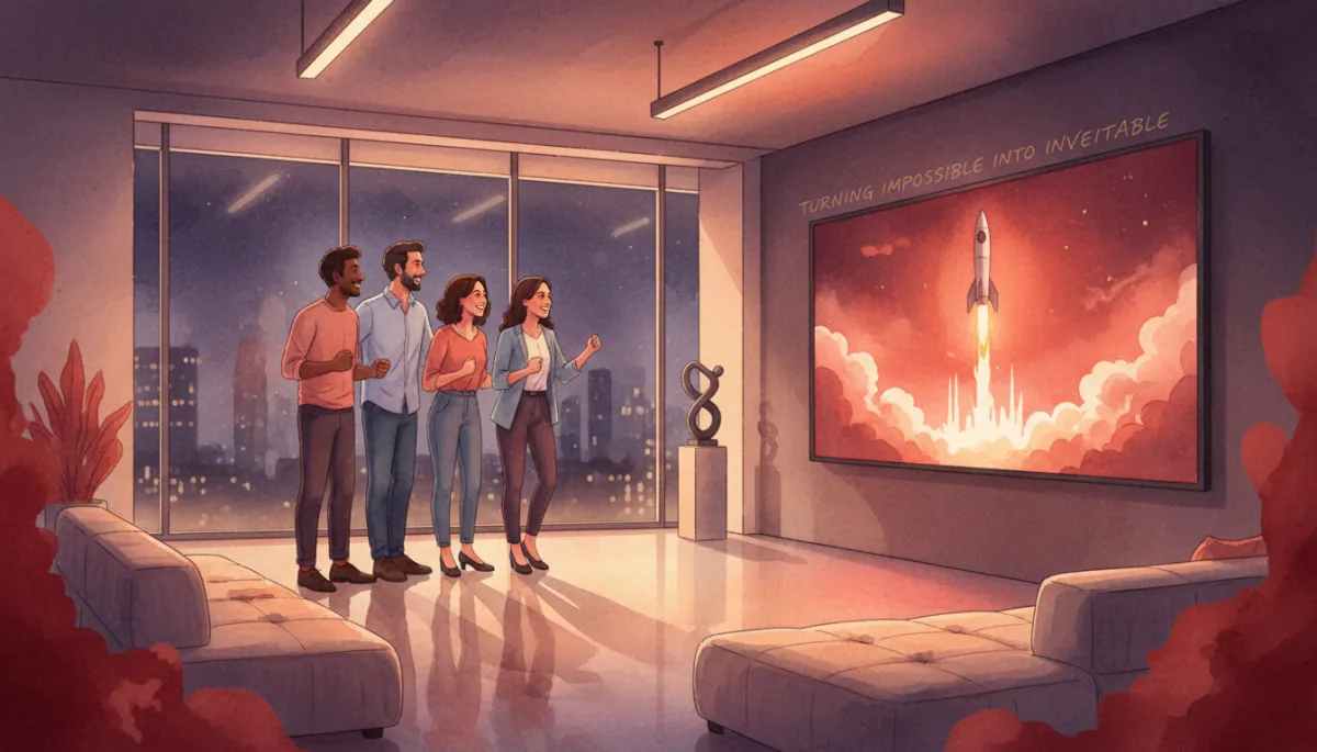 professional wide shot of a startup founder team watching a rocket launch on a big screen in a modern office, deep red #991b1b accents in decor, hopeful expressions, subtle overlay text about turning impossible into inevitable