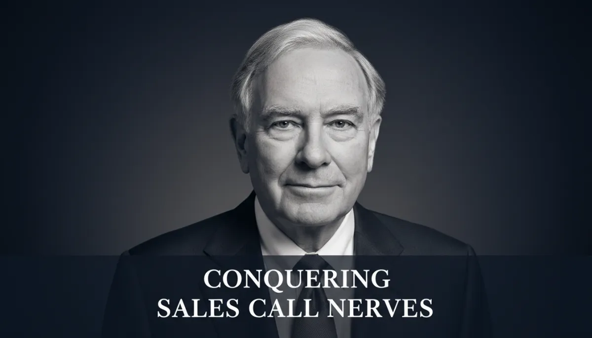 professional black-and-white studio portrait of Warren Buffett against a dark navy background, soft lighting, calm confident expression, subtle text overlay about conquering sales call nerves