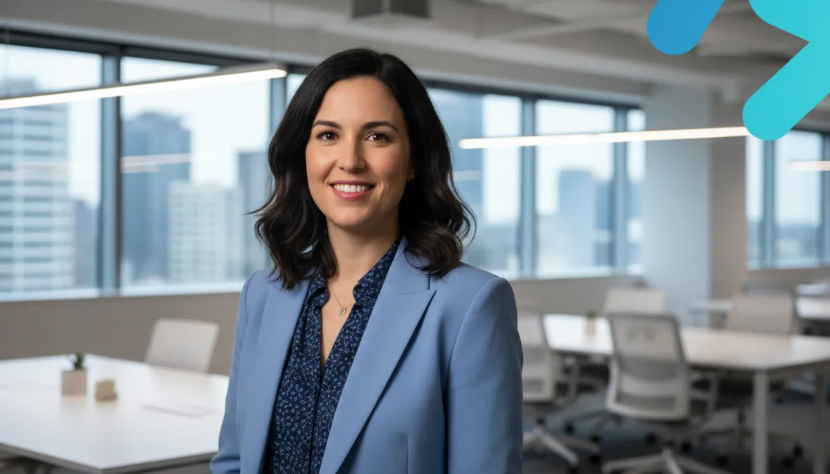 professional photorealistic portrait of Melanie Perkins in neutral office setting, soft Canva-blue accents, confident expression, shallow depth of field