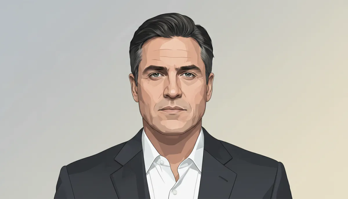 professional neutral-tone portrait of Mark Cuban in a dark suit, direct confident gaze, subtle studio lighting, minimal background, serious expression