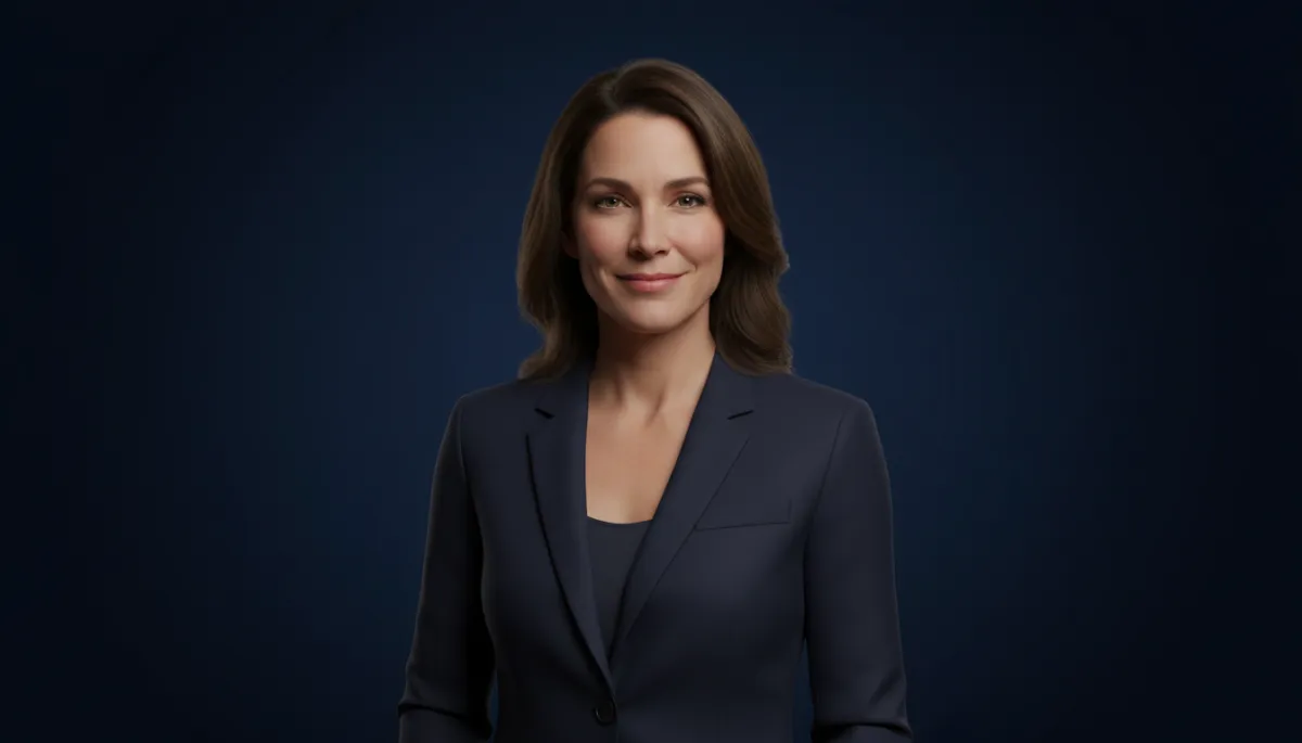 professional photorealistic portrait of Sara Blakely in a dark navy blazer, soft studio lighting, confident but humble smile, subtle dark navy background gradient