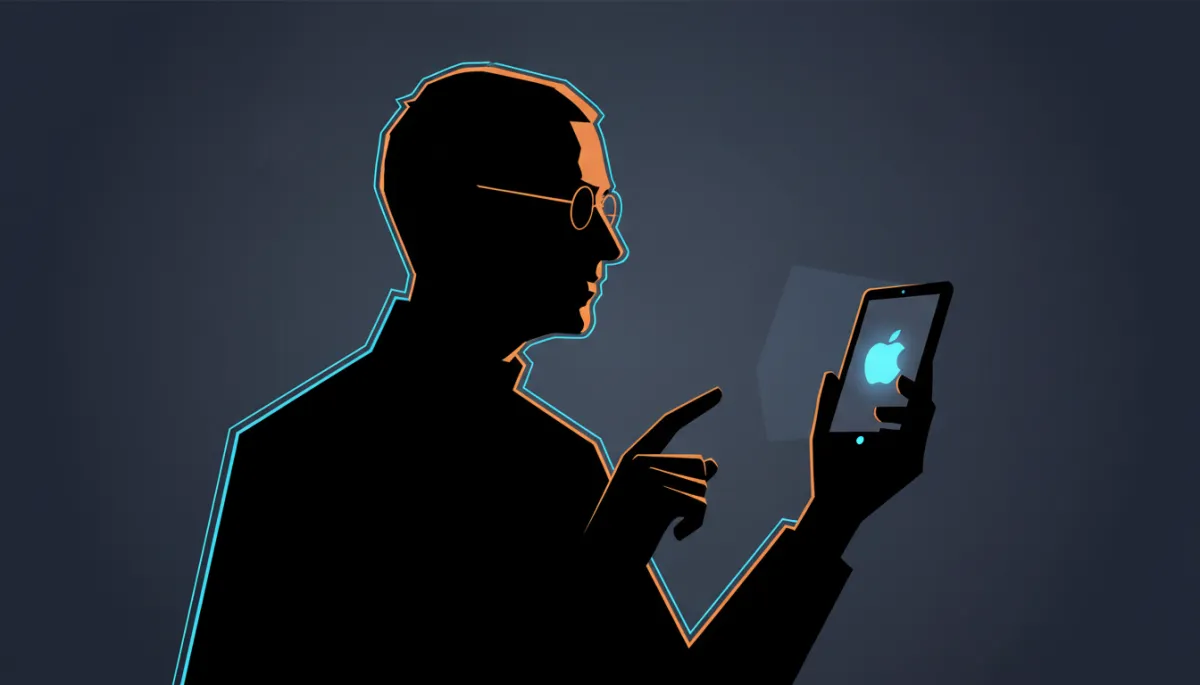 professional photorealistic portrait-style scene of Steve Jobs iconic silhouette on a dark neutral background, subtle stage lighting, minimalist professional style