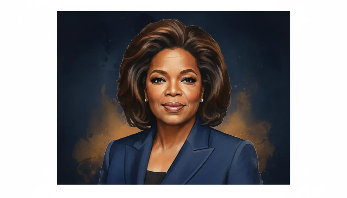 professional photorealistic portrait of Oprah Winfrey in a dark navy studio setting, calm confident expression, subtle lighting, minimal background, professional style