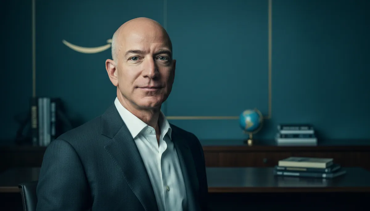 professional photorealistic portrait of Jeff Bezos in a deep teal-toned professional office setting, soft lighting, subtle Amazon-era details in background