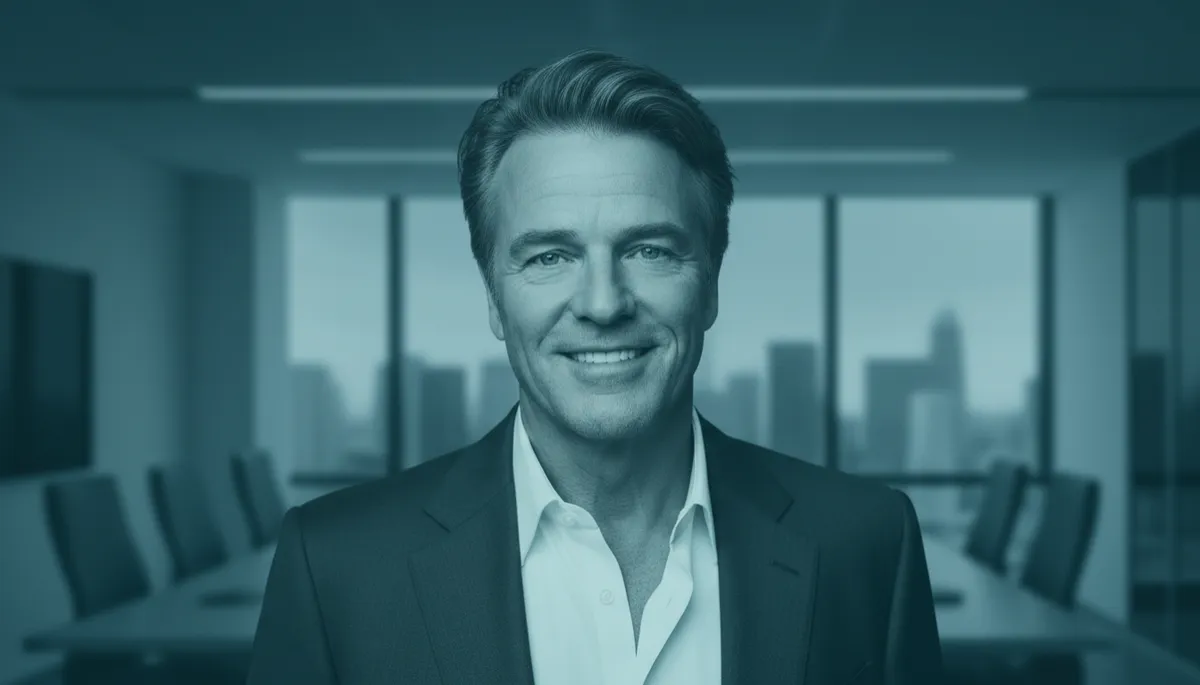 professional photorealistic portrait of Richard Branson in deep teal color grading, confident smile, subtle office background, clean professional lighting
