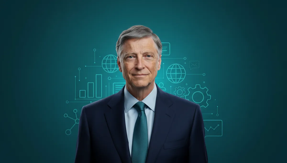 professional photorealistic portrait of Bill Gates on deep teal background, subtle business icons and network lines behind him, professional style, consistent deep teal color palette