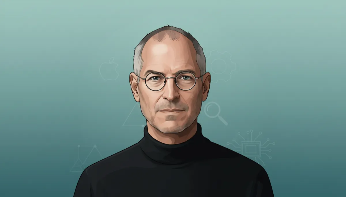 professional teal-toned portrait of Steve Jobs in his trademark black turtleneck, minimalist background, soft studio lighting, subtle tech icons fading into teal gradient behind him