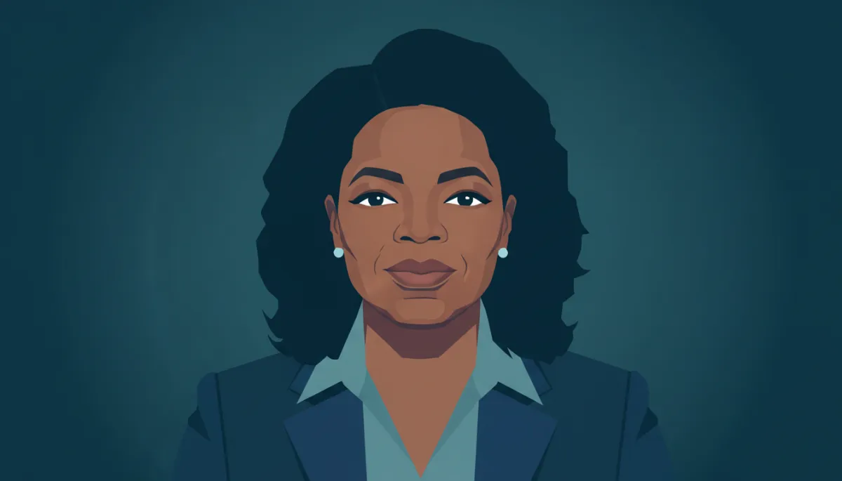 professional photorealistic portrait of Oprah Winfrey against a deep teal background, soft studio lighting, calm confident expression, subtle business attire, professional style