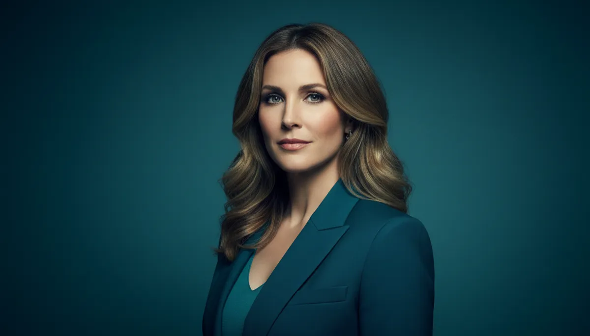 professional photorealistic portrait of Sara Blakely in deep teal color palette, confident expression, soft studio lighting, clean background, professional style