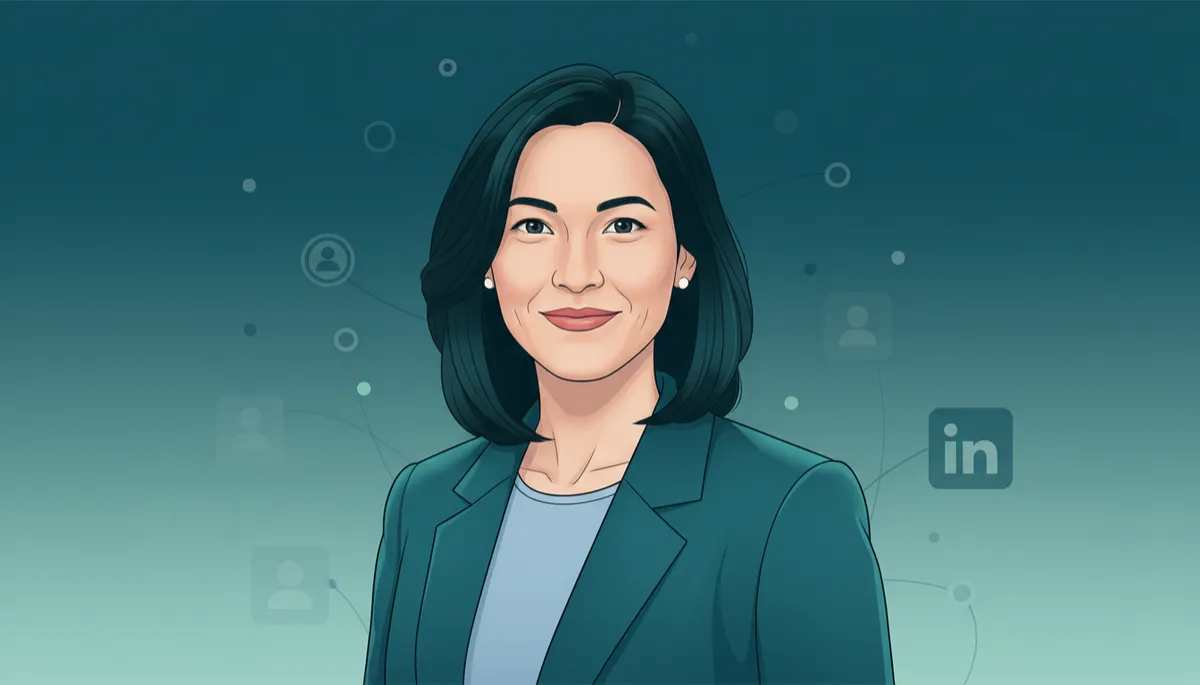 professional photorealistic portrait of Melanie Perkins in deep teal tones, confident smile, soft studio lighting, subtle LinkedIn interface elements in background, modern professional style
