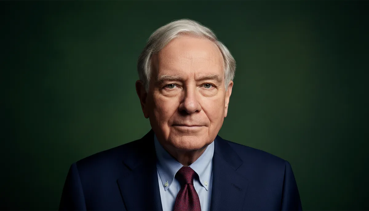 professional photorealistic portrait of Warren Buffett in a deep forest green toned background, calm expression, soft lighting, professional style