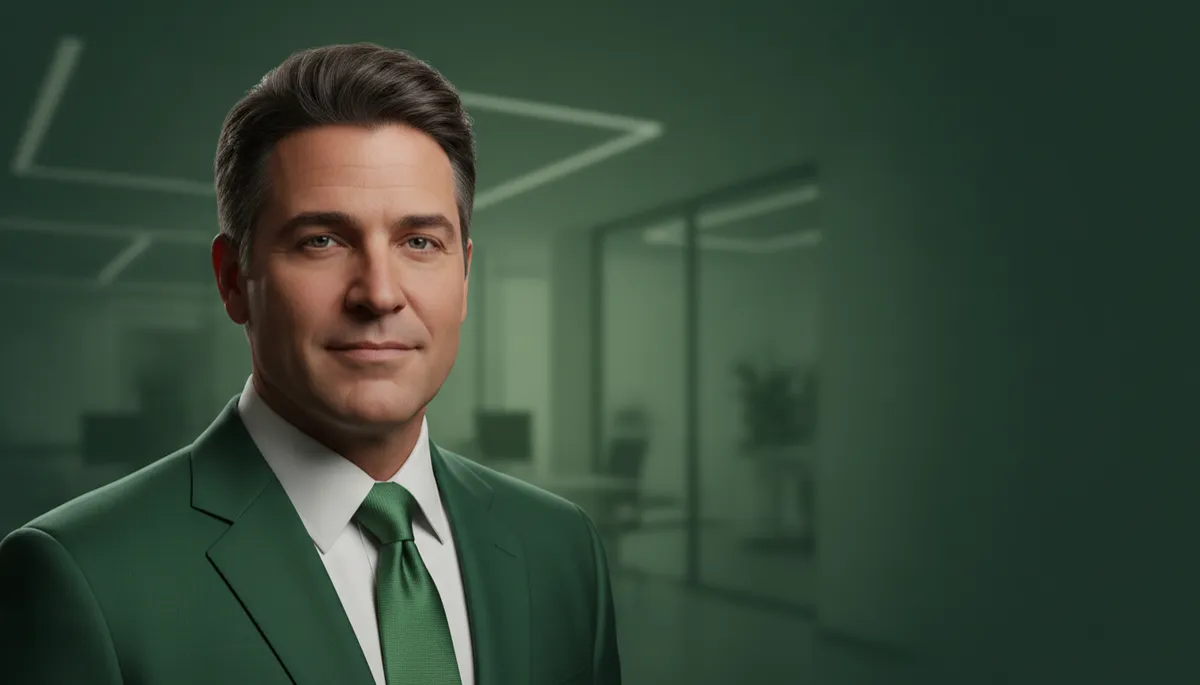 professional photorealistic portrait of Mark Cuban in a deep forest green color palette, subtle office background, confident expression, soft lighting, modern professional style