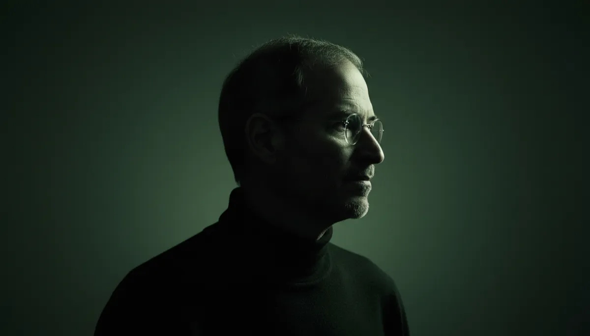 professional deep forest green toned silhouette portrait of Steve Jobs on dark background, subtle light on glasses and turtleneck, minimalist professional style