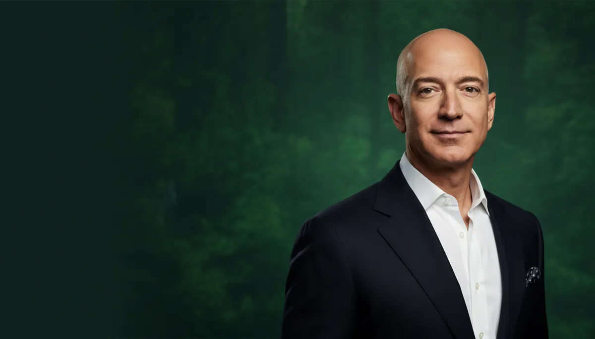 professional photorealistic portrait of Jeff Bezos against a deep forest green background, subtle lighting, confident but approachable expression, clean professional style