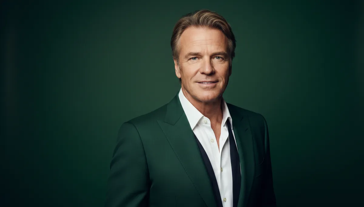 professional photorealistic portrait of Richard Branson against a deep forest green background, soft studio lighting, confident relaxed smile, subtle business attire
