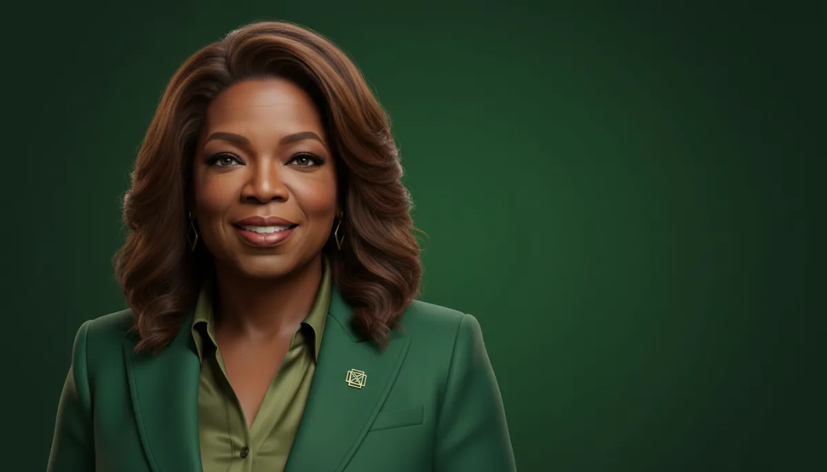 professional photorealistic portrait of Oprah Winfrey against a deep forest green backdrop, soft studio lighting, confident warm expression, subtle business attire, overall professional green-toned color grading