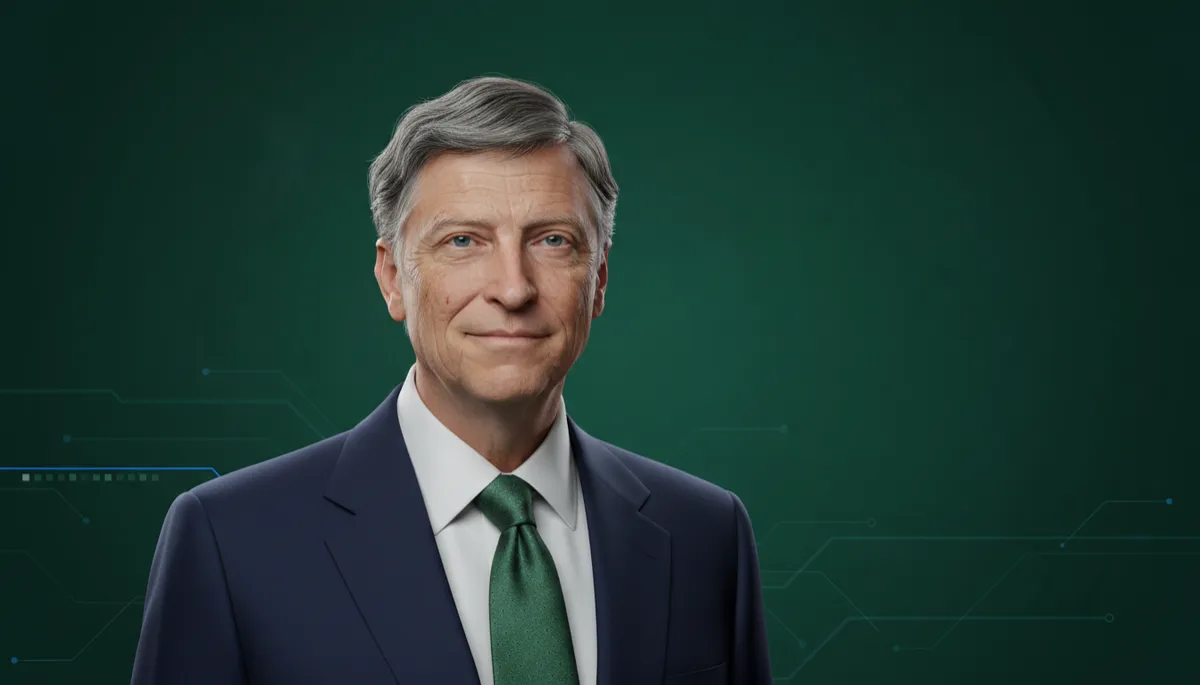 professional photorealistic portrait of Bill Gates against a deep forest green background, soft studio lighting, calm confident expression, subtle tech-themed backdrop